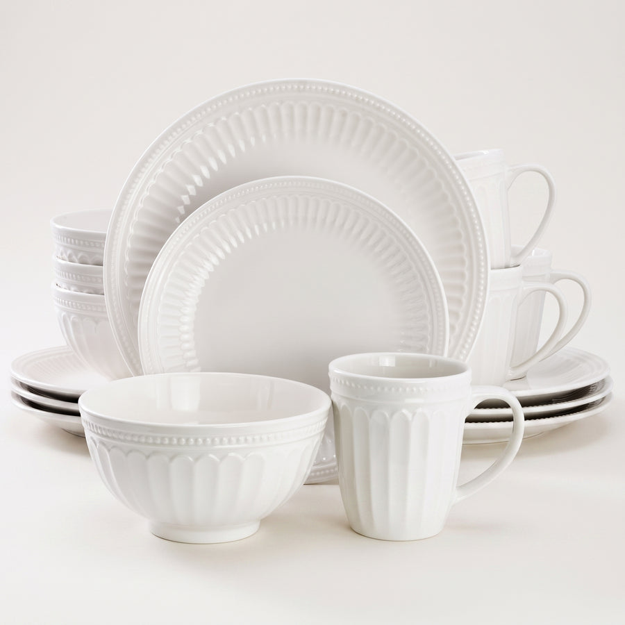 Elama Hansel 16-Piece Embossed Arch White Stoneware Dinnerware Set with Mugs, Service for 4 lifestyle image