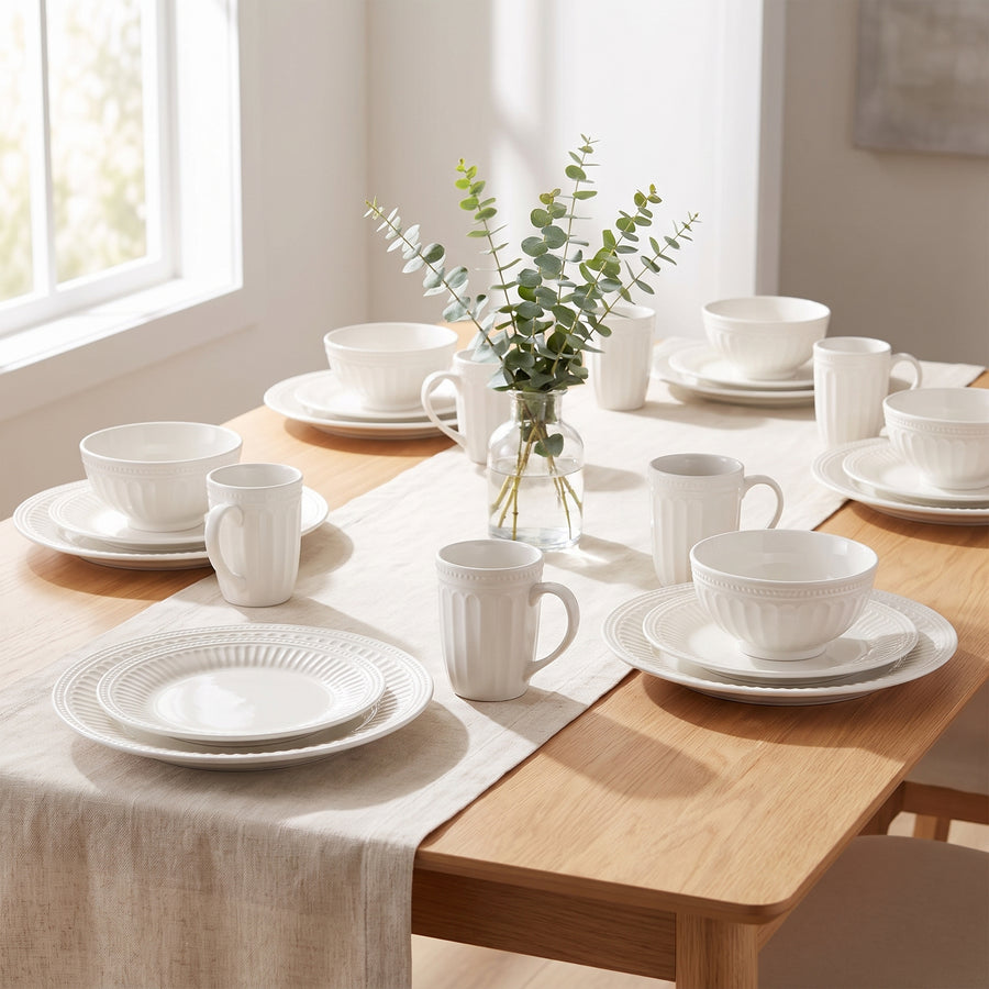 Elama Hansel 16-Piece Embossed Arch White Stoneware Dinnerware Set with Mugs, Service for 4 lifestyle image