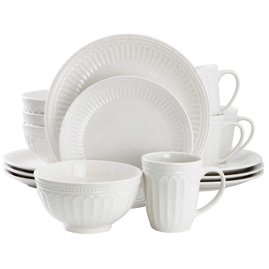 Elama Hansel 16-Piece Embossed Arch White Stoneware Dinnerware Set with Mugs, Service for 4