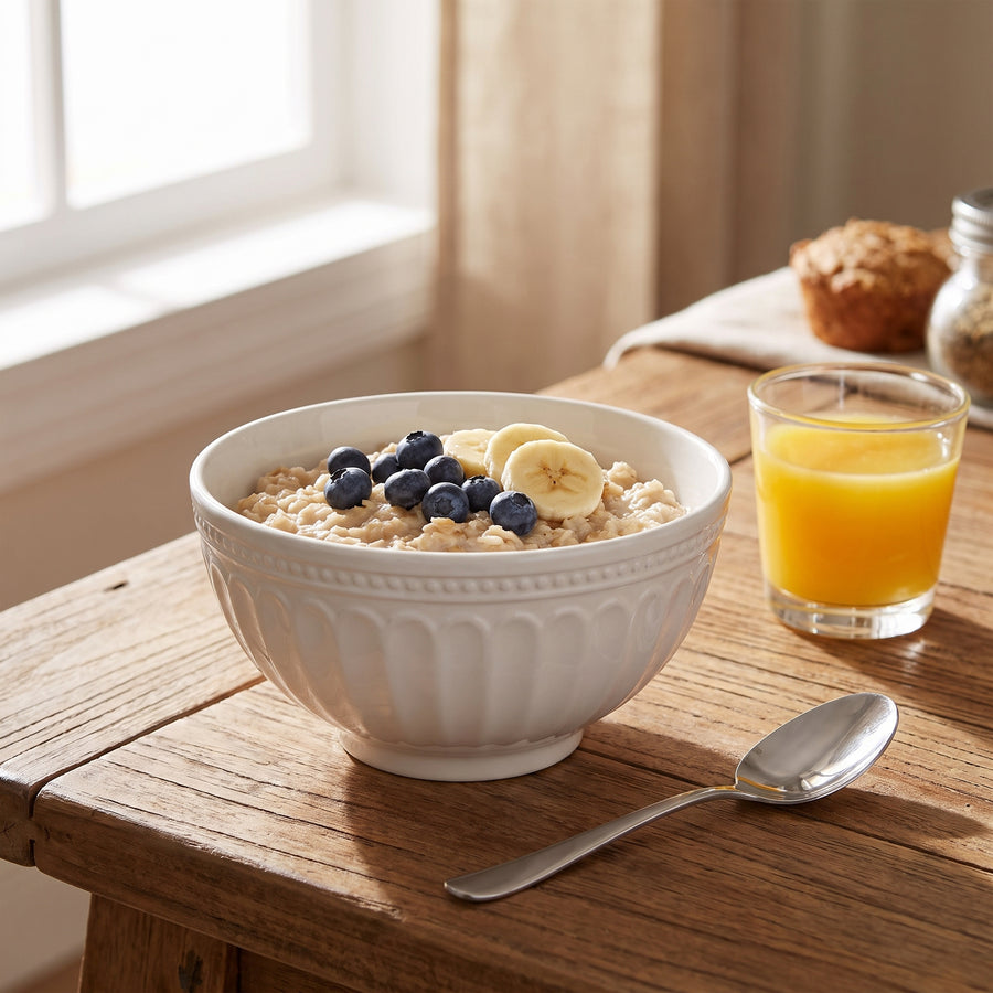 Elama Hansel 6-Piece Embossed Arch White Stoneware Cereal Bowl Set lifestyle image