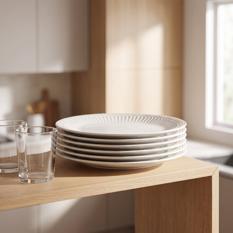 Elama Hansel 6-Piece Embossed Arch White Stoneware Dinner Plate Set, 10.5 Inch lifestyle image