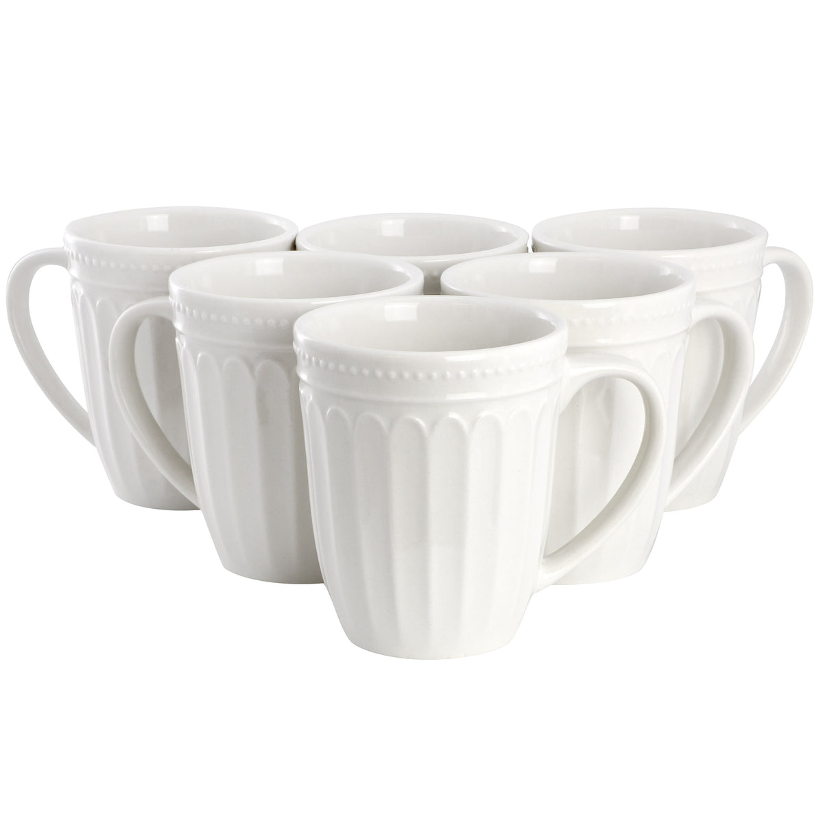 Elama Hansel set of six white stoneware 12 oz coffee mugs with embossed arch panels and a beaded dot band below the rim