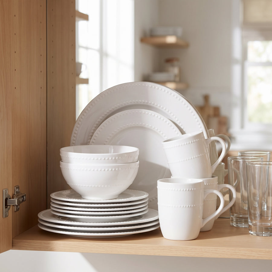 Elama Olevia 16-Piece Embossed Dot White Stoneware Dinnerware Set with Mugs, Service for 4 lifestyle image