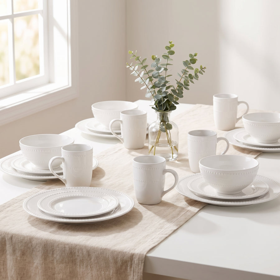 Elama Olevia 16-Piece Embossed Dot White Stoneware Dinnerware Set with Mugs, Service for 4 lifestyle image