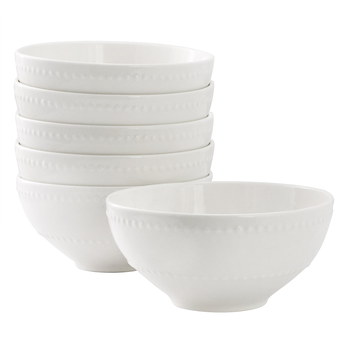 Elama Olevia set of six white stoneware cereal bowls with two rows of embossed dots, five stacked and one in front