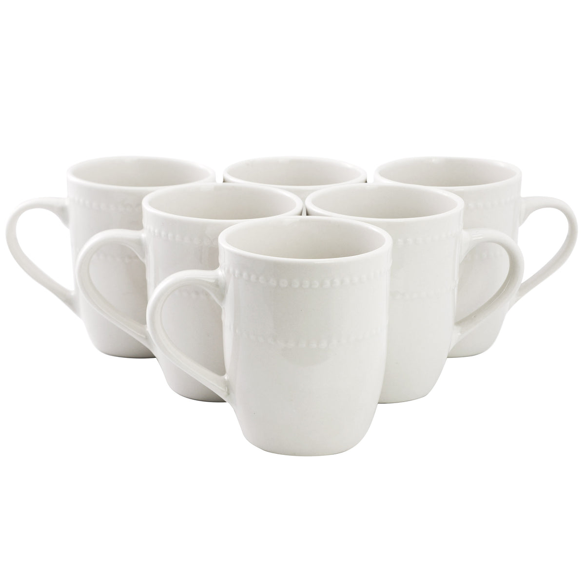 Elama Olevia set of six white stoneware 12 oz coffee mugs with two rows of embossed dots, arranged in a pyramid