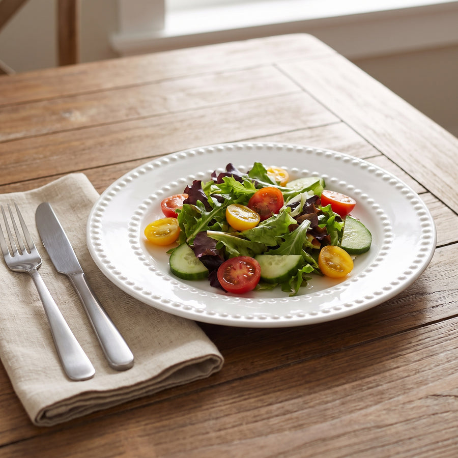 Elama Olevia 6-Piece Embossed Dot White Stoneware Salad Plate Set lifestyle image