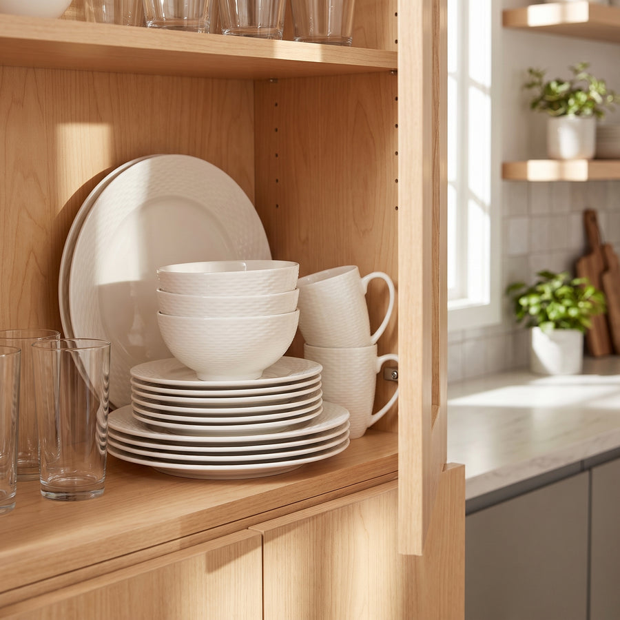 Elama Ophelia 16-Piece Woven Rim White Stoneware Dinnerware Set with Mugs, Service for 4 lifestyle image