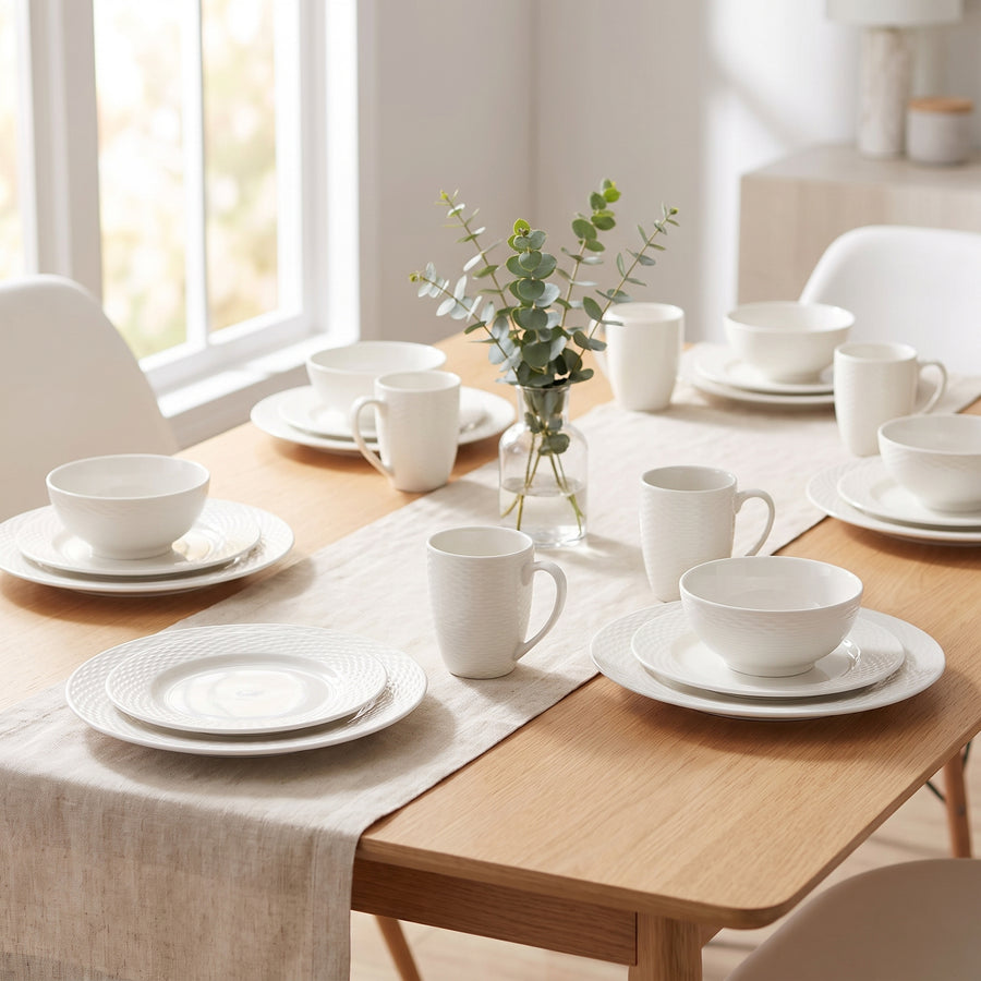 Elama Ophelia 16-Piece Woven Rim White Stoneware Dinnerware Set with Mugs, Service for 4 lifestyle image