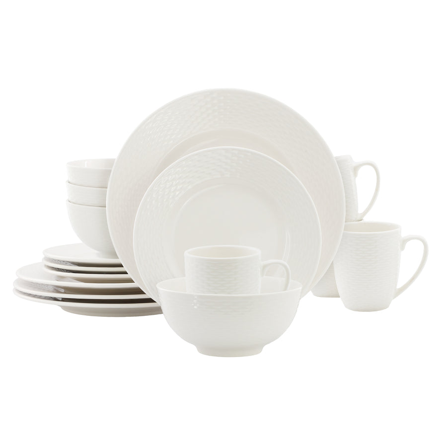 Elama Ophelia 16-Piece Woven Rim White Stoneware Dinnerware Set with Mugs, Service for 4