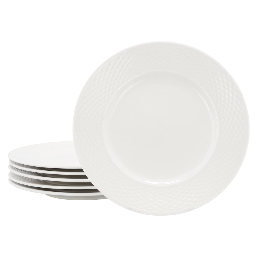 Elama Ophelia 6-Piece Woven Rim White Stoneware Dinner Plate Set, 10.5 Inch