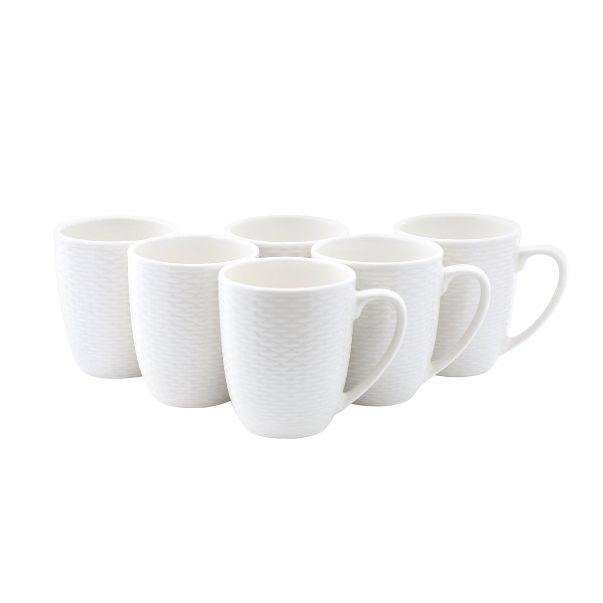 Elama Ophelia set of six white stoneware 12 oz coffee mugs with an embossed woven texture