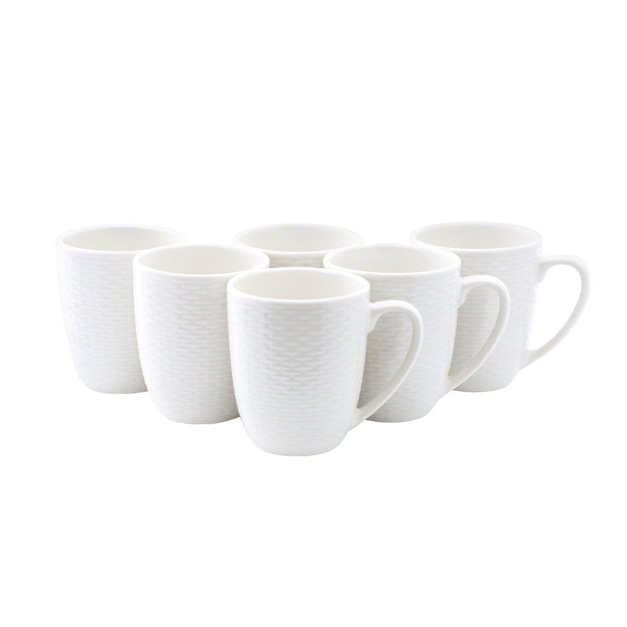 Elama Ophelia set of six white stoneware 12 oz coffee mugs with an embossed woven texture