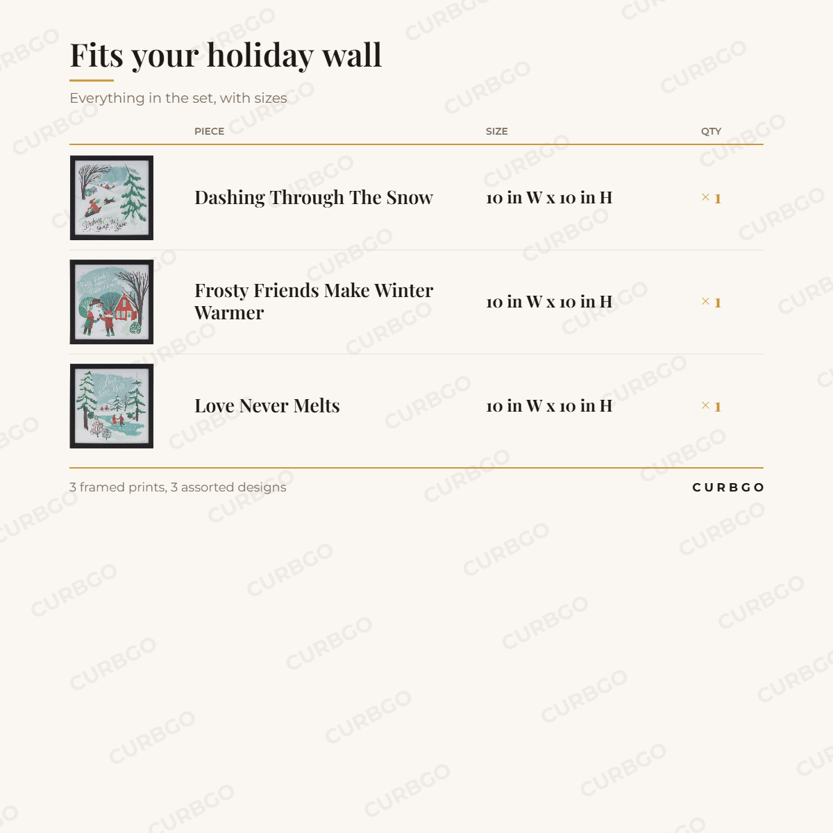 Framed Winter Scene Wall Art Set of 3 piece sizes: dashing through the snow 10 in W x 10 in H (x1); frosty friends make winter warmer 10 in W x 10 in H (x1); love never melts 10 in W x 10 in H (x1); 3 framed prints, 3 assorted designs