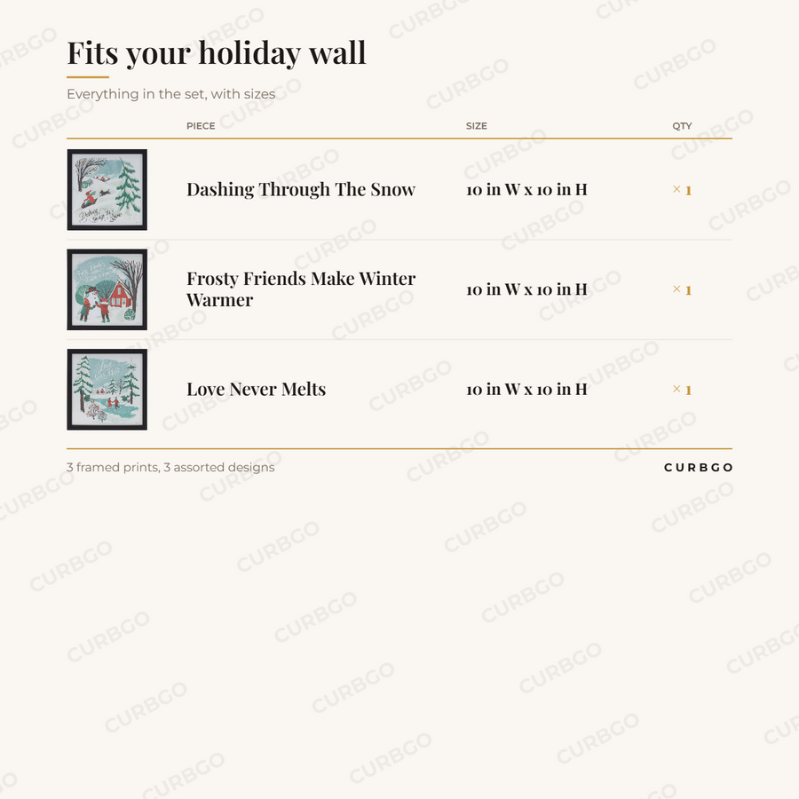 Framed Winter Scene Wall Art Set of 3 piece sizes: dashing through the snow 10 in W x 10 in H (x1); frosty friends make winter warmer 10 in W x 10 in H (x1); love never melts 10 in W x 10 in H (x1); 3 framed prints, 3 assorted designs