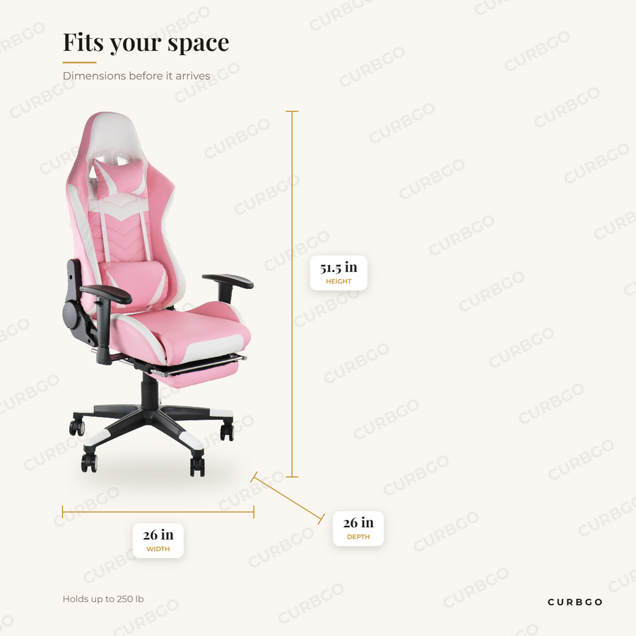 GameFitz footrest gaming chair dimensions: 26 in W x 26 in D x 51.5 in H, shown in pink and white