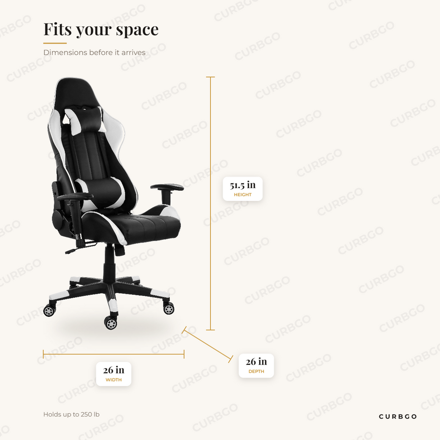 GameFitz GF-2101 gaming chair dimensions: 26 in W x 26 in D x 51.5 in H, black faux leather with white trim