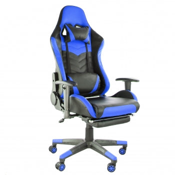 GameFitz reclining gaming chair in black and blue faux leather with head and lumbar pillows and footrest, front three-quarter view