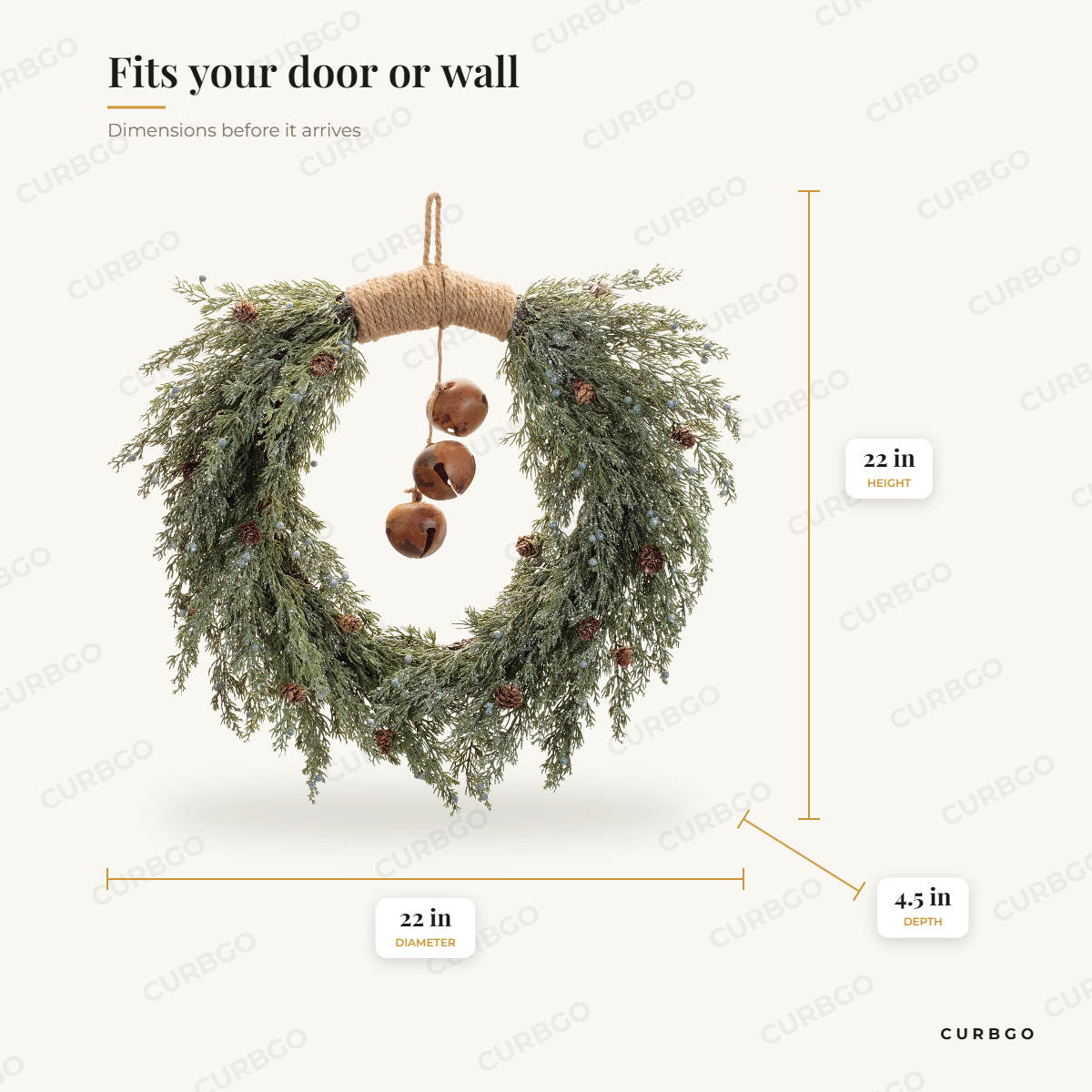Glittered pine sleigh bell wreath dimensions: 22 in diameter, 4.5 in depth