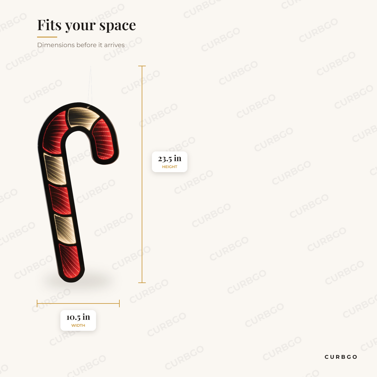 Candy cane infinity light dimensions: 23.5 in high, 10.5 in wide