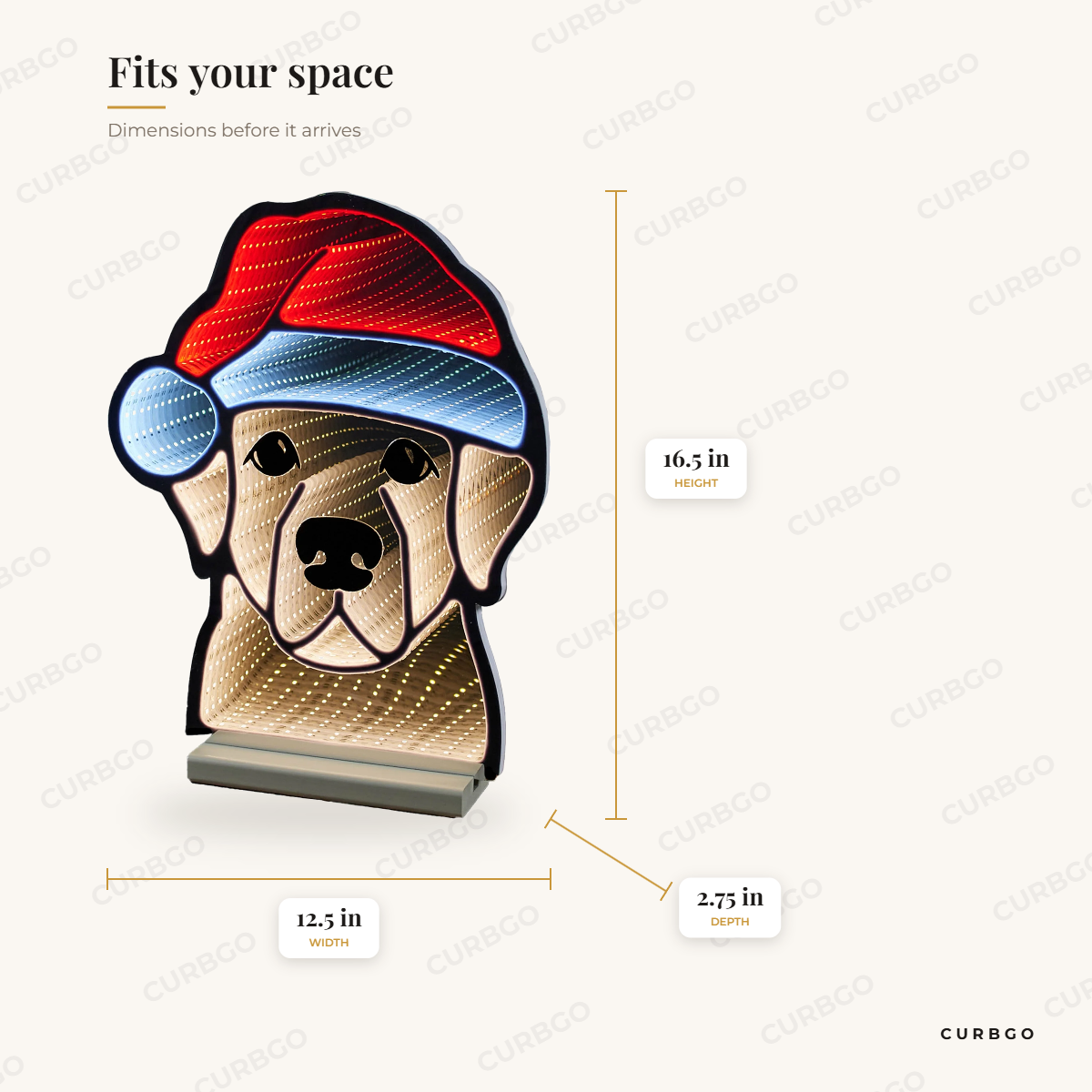 Dog infinity light dimensions: 16.5 in high, 12.5 in wide, 2.75 in deep