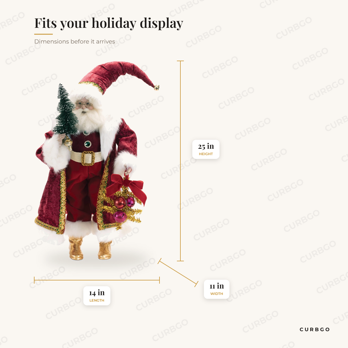 Holiday Santa with Pine Tree 25 in dimensions: 25 in H x 14 in L x 11 in W