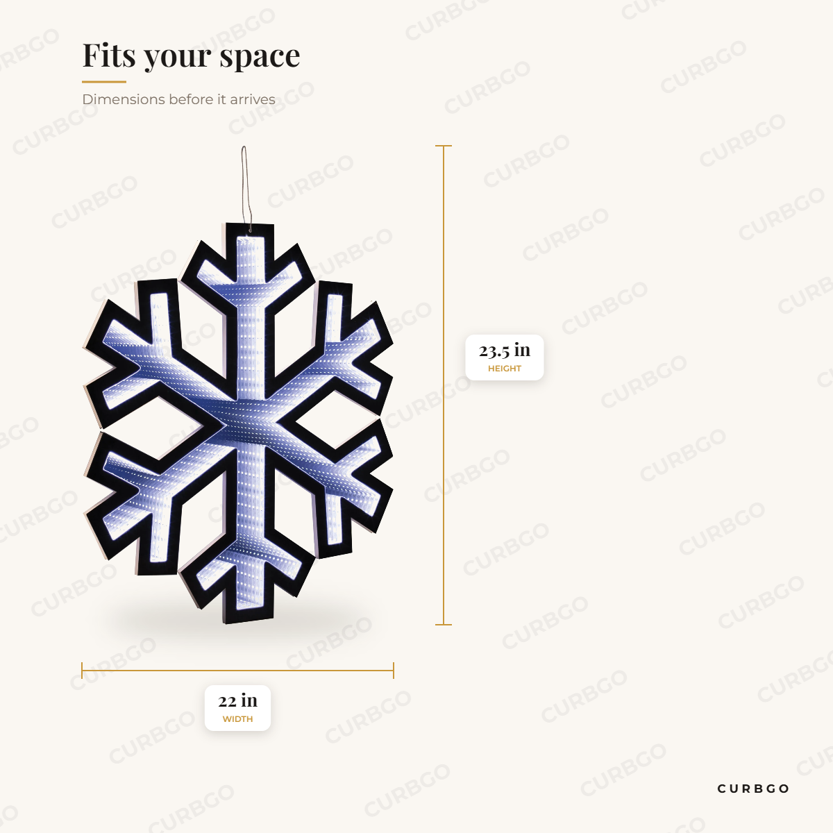 Snowflake infinity light dimensions: 23.5 in high, 22 in wide