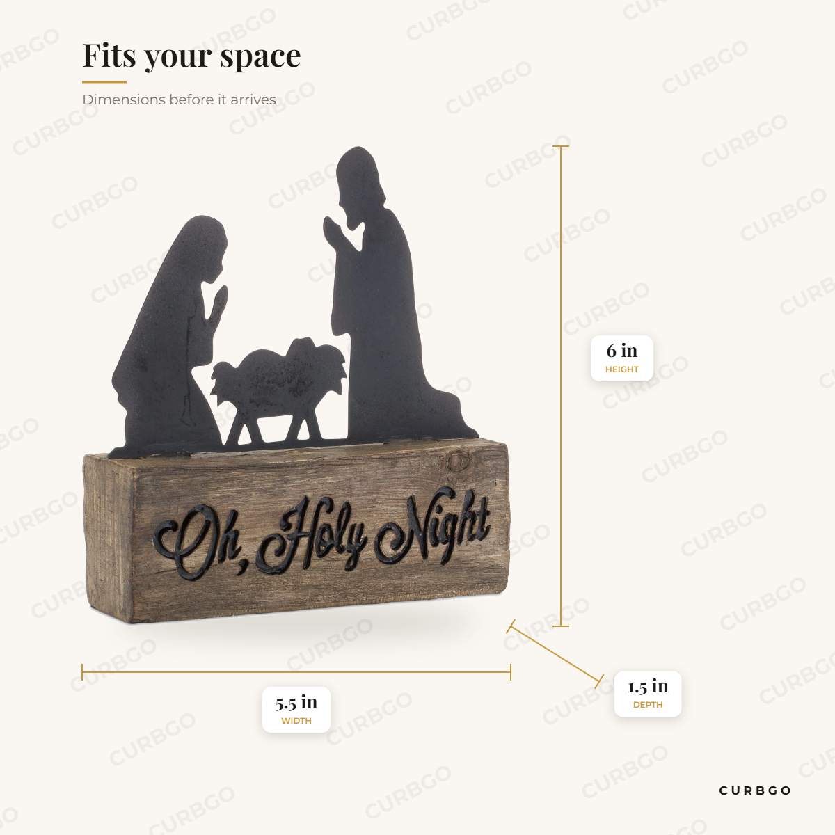 Holy Night Nativity Block dimensions: width 5.5 in, height 6 in, depth 1.5 in