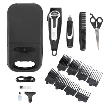 Impress IM-917RCH black cordless hair clipper with nose trimmer, eight guide combs, scissors, brush, oil, and storage case laid out