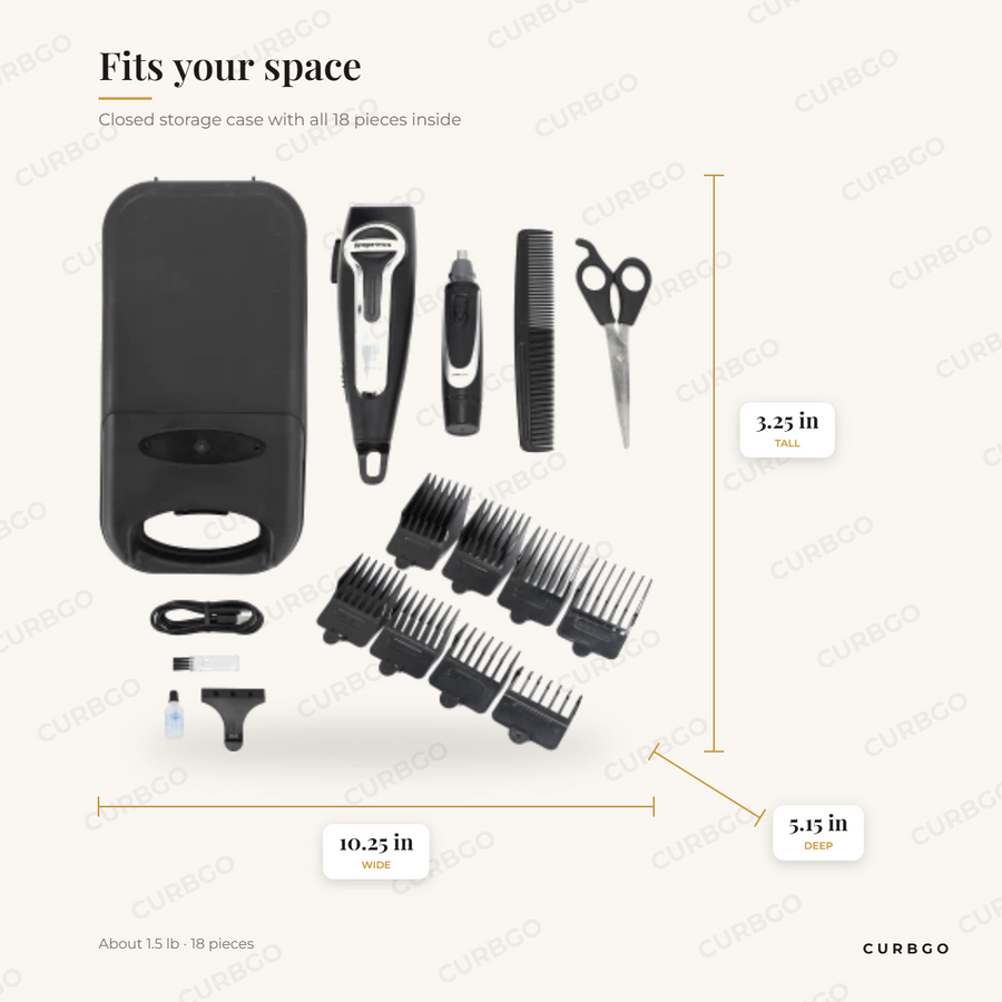 Impress IM-917RCH 18-piece cordless hair clipper kit dimensions: storage case 10.25 in W x 5.15 in D x 3.25 in H, about 1.5 lb