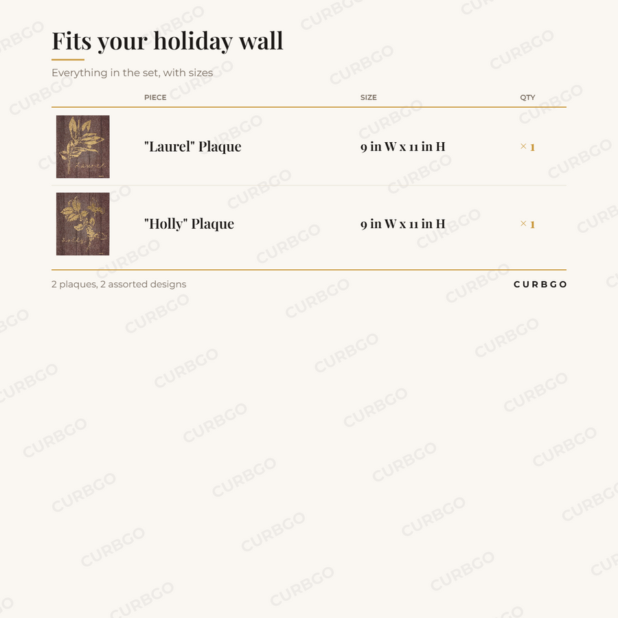 Laurel and Holly Plaque Set of 2 piece sizes: "laurel" plaque 9 in W x 11 in H (x1); "holly" plaque 9 in W x 11 in H (x1); 2 plaques, 2 assorted designs