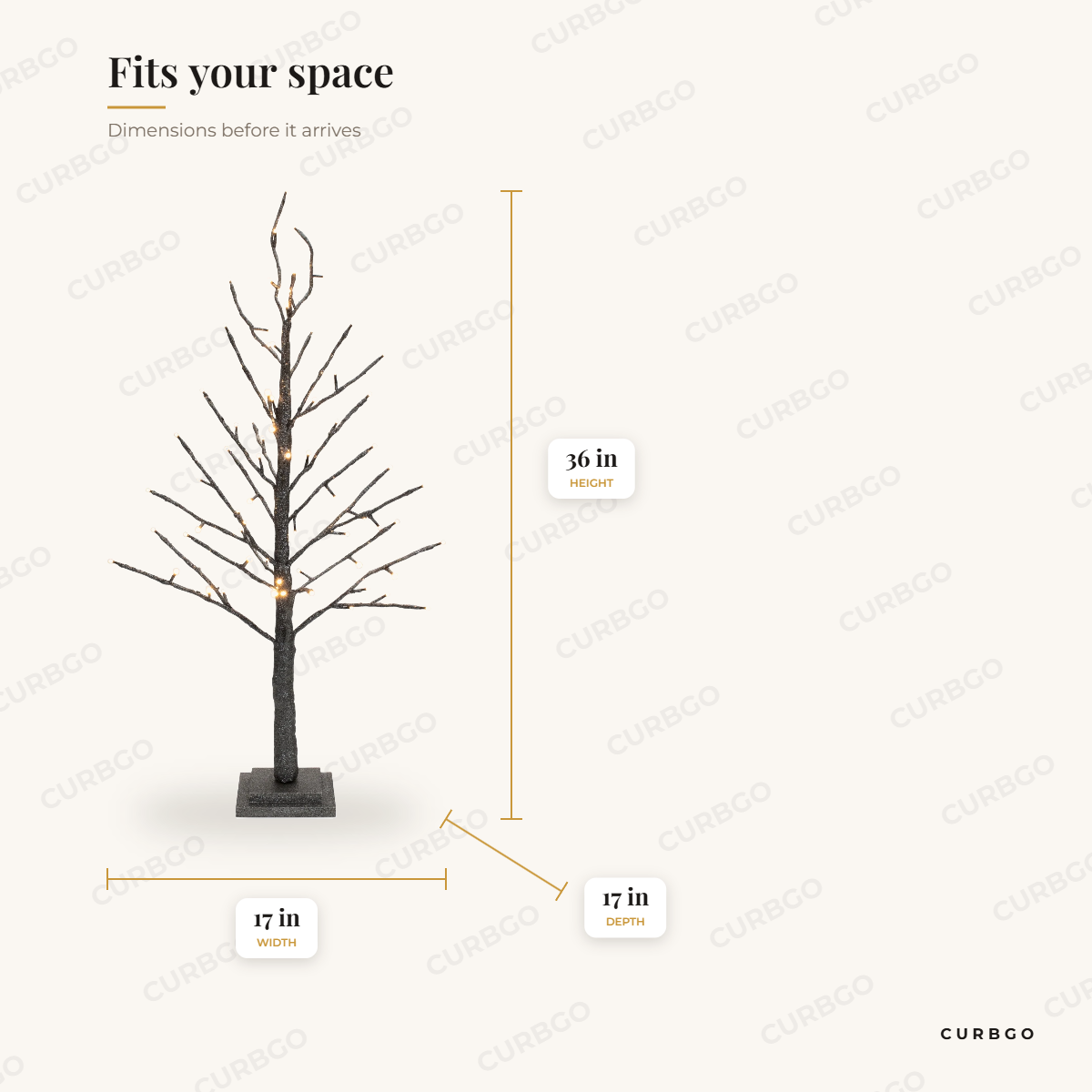 LED Glittered Twig Tree 36 in dimensions: 36 in H x 17 in W x 17 in D