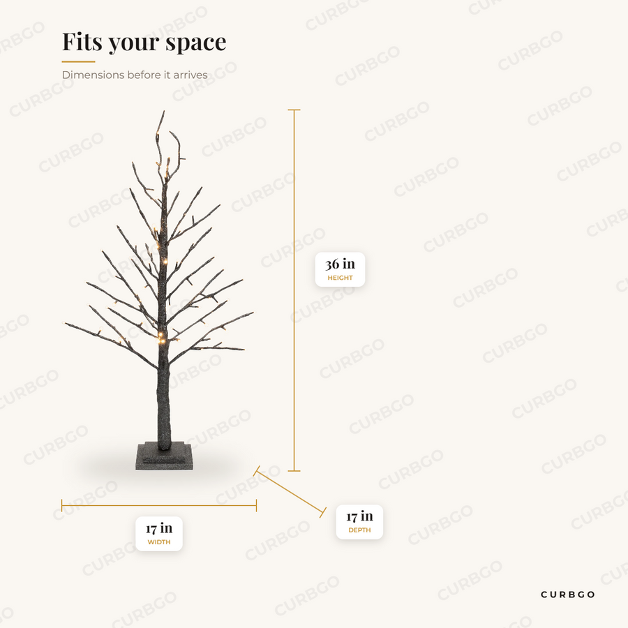 LED Glittered Twig Tree 36 in dimensions: 36 in H x 17 in W x 17 in D