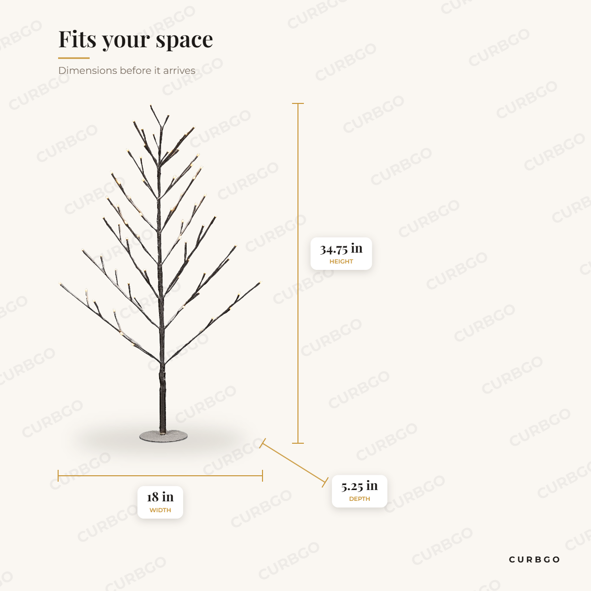 LED Lighted Tree Decor dimensions: width 18 in, height 34.75 in, depth 5.25 in