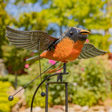 59.5" Tall Flying Robin Iron Swing Stake hand painted kinetic iron robin garden stake