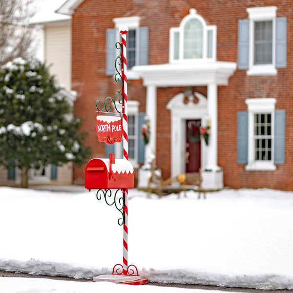 72 inch red and white candy cane North Pole Christmas mailbox with hanging sign and flag, painted iron