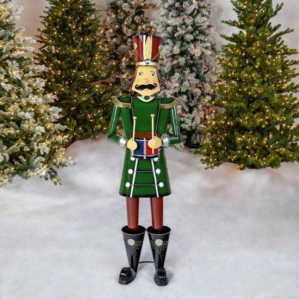 59 inch green iron Christmas nutcracker soldier holding a drum, glossy finish with gold details