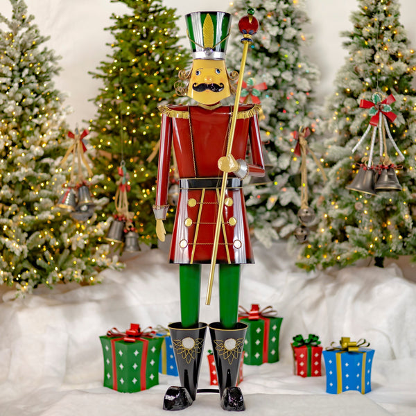 59 inch burgundy iron Christmas nutcracker holding a baton, glossy finish with gold details