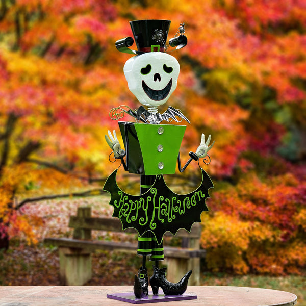 52.5 inch hand painted iron skeleton figure holding a bat wing Happy Halloween sign, glossy multicolor