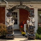 9.4 foot iron Halloween cemetery arch with a marquee lit Cemetery sign, black glitter jack-o-lanterns, and white ghosts