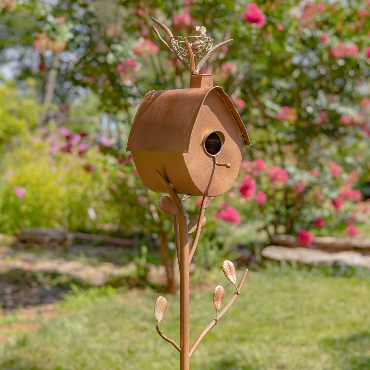 64.25" Tall Antique Copper Finish Iron Birdhouse Stake with A-Frame Roof on a three prong garden stake