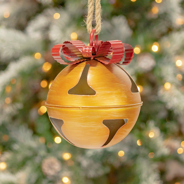 Set of nine hand painted galvanized metal Christmas bells in assorted colors with iron bows