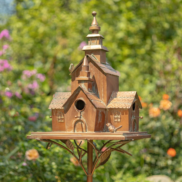75.75" Tall Large Copper Colored Multi-Home Birdhouse Stake "Montana" multi-home birdhouse stake in antique copper finish