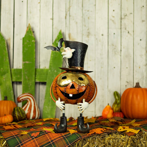 Iron masked jack-o-lantern figurine named Prospero, orange and black with metallic gold details