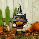 Iron pumpkin masquerade cat figurine named Binx, hand painted orange and black matte