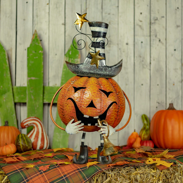 27.75 inch hand painted iron jack-o-lantern playing a trumpet, with metallic and glitter accents