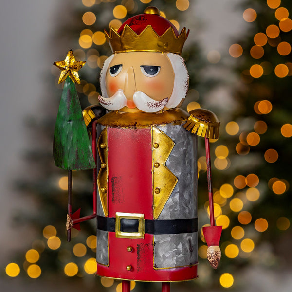 19.25" Tall Metal Nutcracker Figurine with Christmas Tree "Fritz" hand painted distressed iron holiday figure