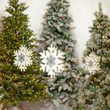 Set of 3 hanging white and silver iron snowflakes with silver glitter and LED backlights