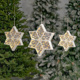 Set of 3 hanging white and silver mesh iron six point star snowflakes with LED backlights