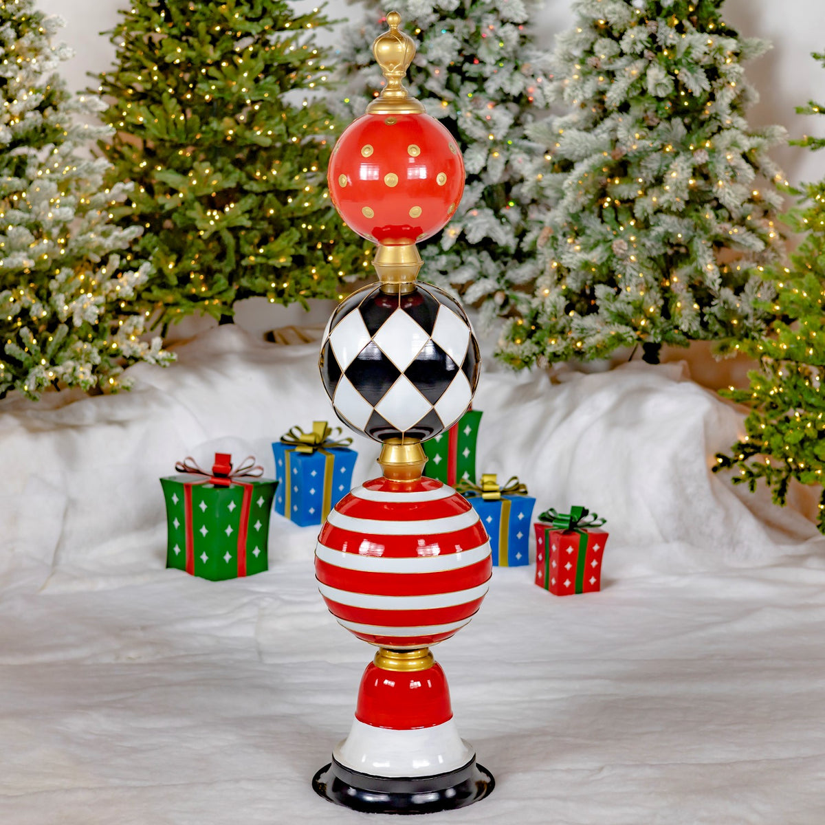 Tall iron Christmas ornament display tower hand painted red, black, and white with gold trim